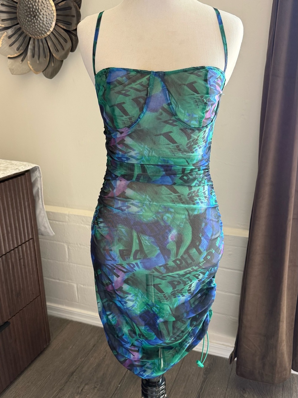 PrettyLittleThing Green & Blue Sheer Ruched Bustier Mini Dress